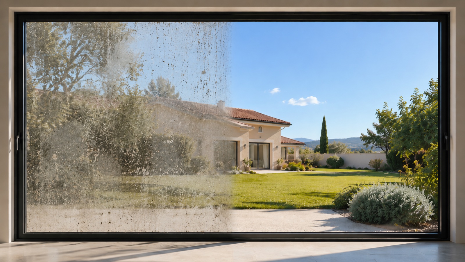Baie vitrée Clean'Vitrage : moitié gauche couverte de traces et calcaire, moitié droite parfaitement transparente avec vue sur la villa
