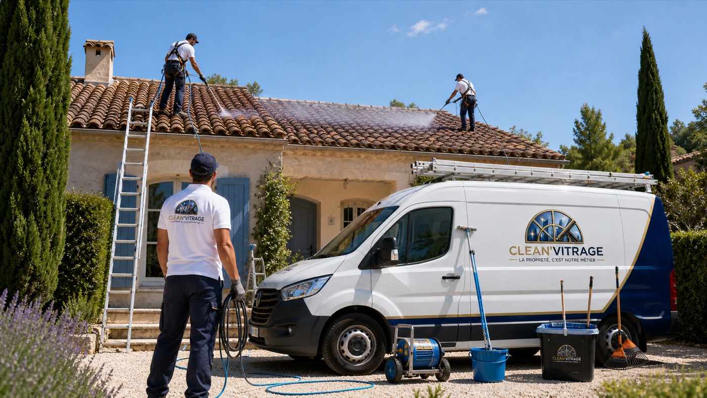 Équipe Clean'Vitrage en démoussage et nettoyage haute pression d'une toiture