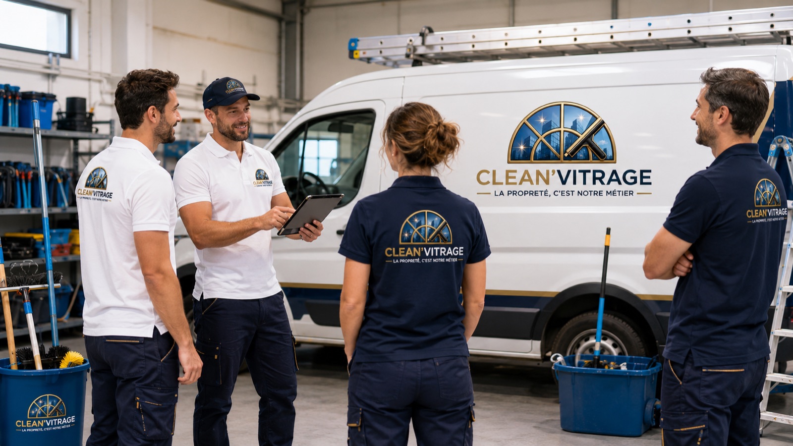 L'équipe Clean'Vitrage en briefing matinal dans l'atelier de Mauguio